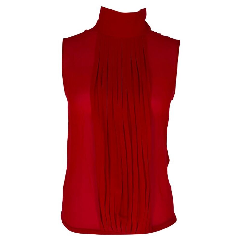 Saint Laurent Sleeveless Pleated Blouse in Red Silk